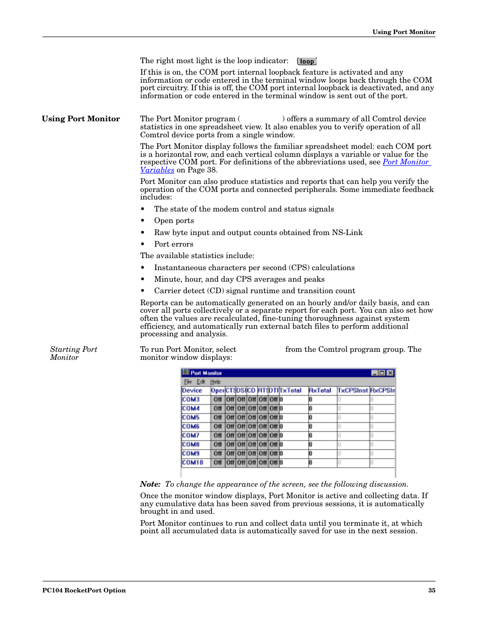 Using port monitor, Starting port monitor | Comtrol DM ATS-XPe User Manual | Page 35 / 96