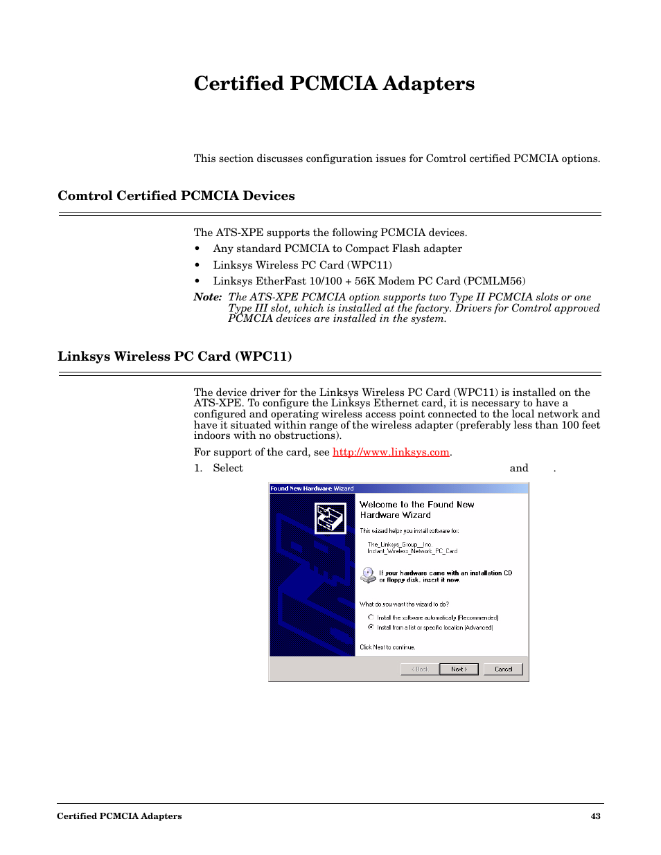 Certified pcmcia adapters, Comtrol certified pcmcia devices, Linksys wireless pc card (wpc11) | Comtrol DM ATS-XPe User Manual | Page 43 / 96
