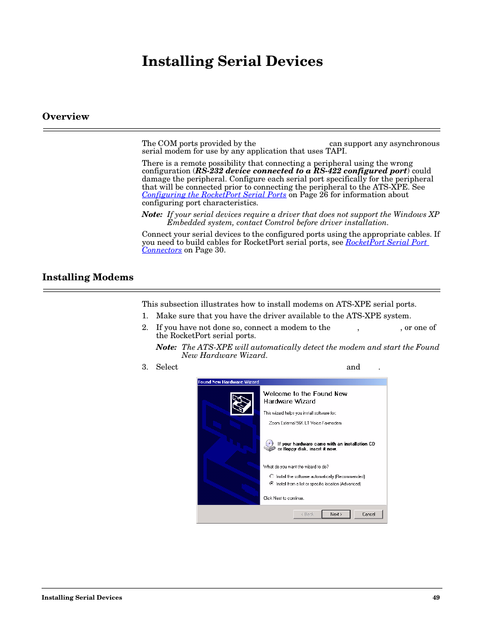 Installing serial devices, Overview, Installing modems | Overview installing modems | Comtrol DM ATS-XPe User Manual | Page 49 / 96