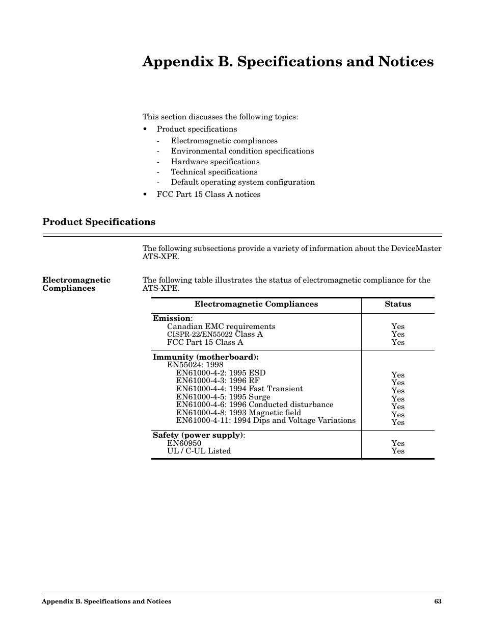 Appendix b. specifications and notices, Product specifications, Electromagnetic compliances | Stem. see, Appendix b. specifications and, Notices | Comtrol DM ATS-XPe User Manual | Page 63 / 96
