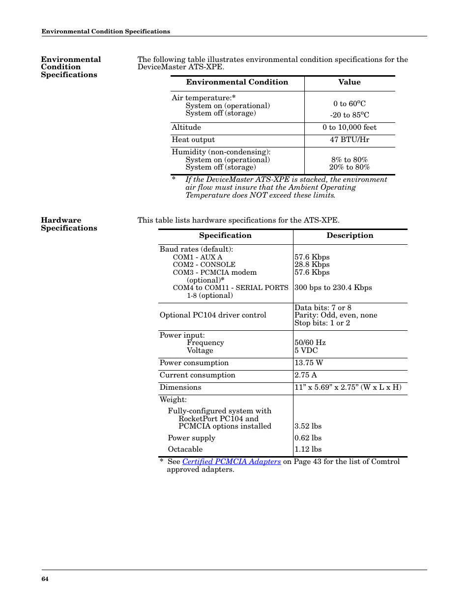 Environmental condition specifications, Hardware specifications, Hardware specifications64 | Comtrol DM ATS-XPe User Manual | Page 64 / 96