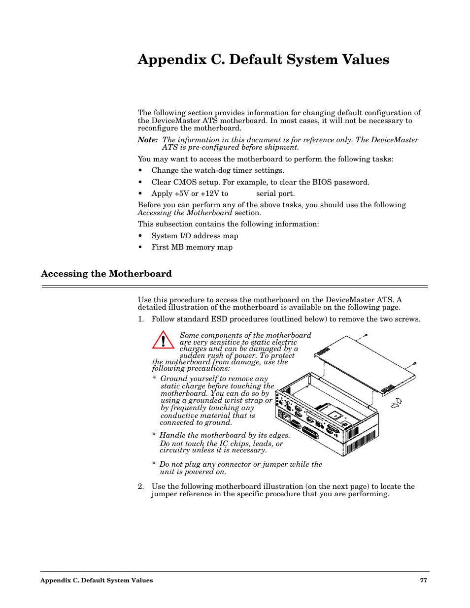 Appendix c. default system values, Accessing the motherboard | Comtrol DM ATS-XPe User Manual | Page 77 / 96