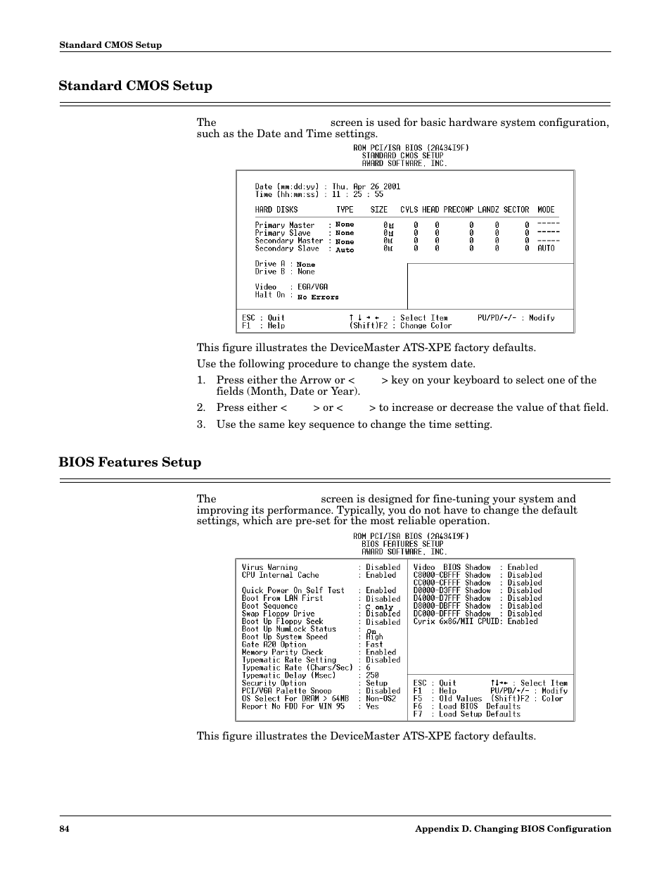 Standard cmos setup, Bios features setup, Standard cmos setup bios features setup | Comtrol DM ATS-XPe User Manual | Page 84 / 96