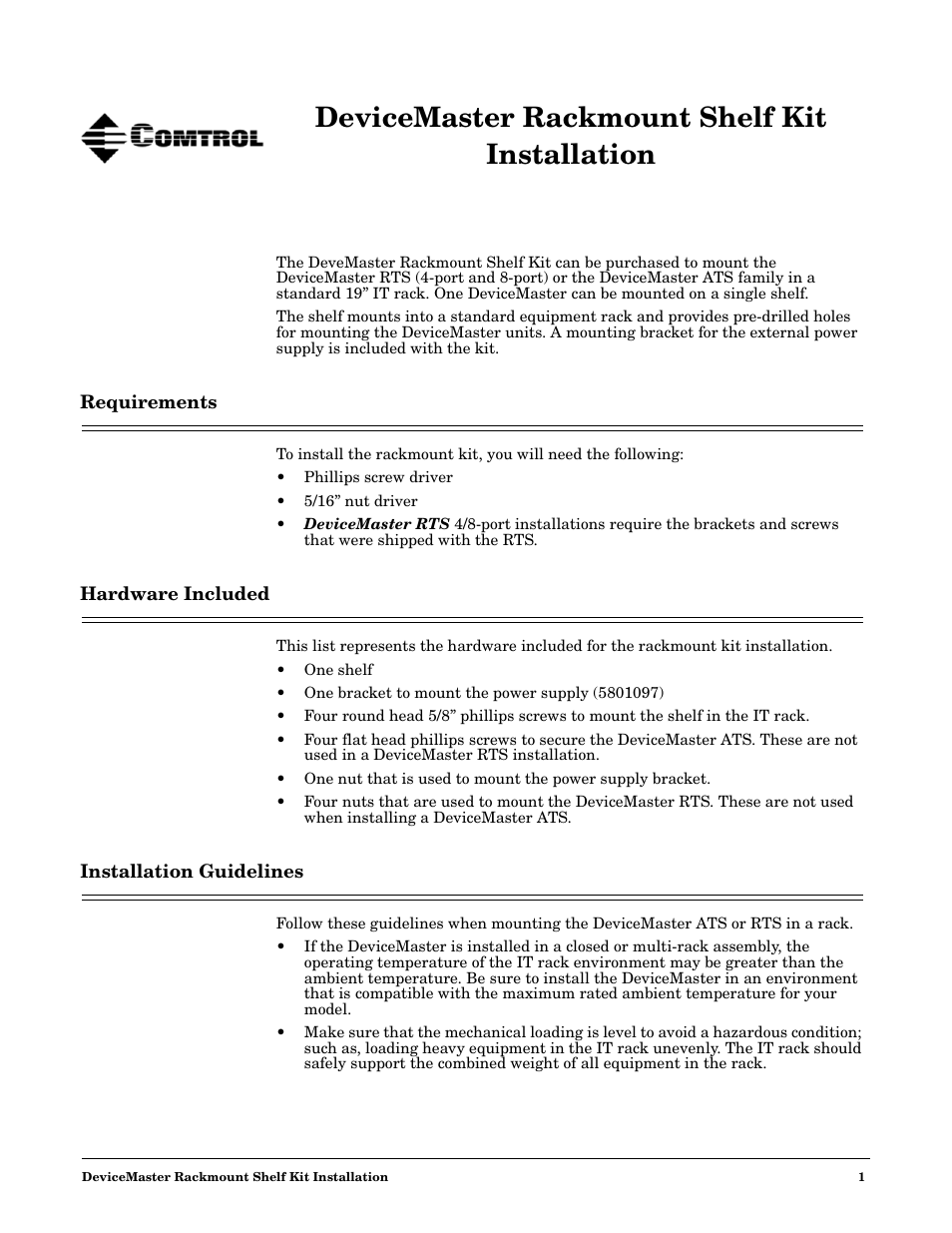 Comtrol DeviceMaster Rackmount Shelf Kit User Manual | 4 pages