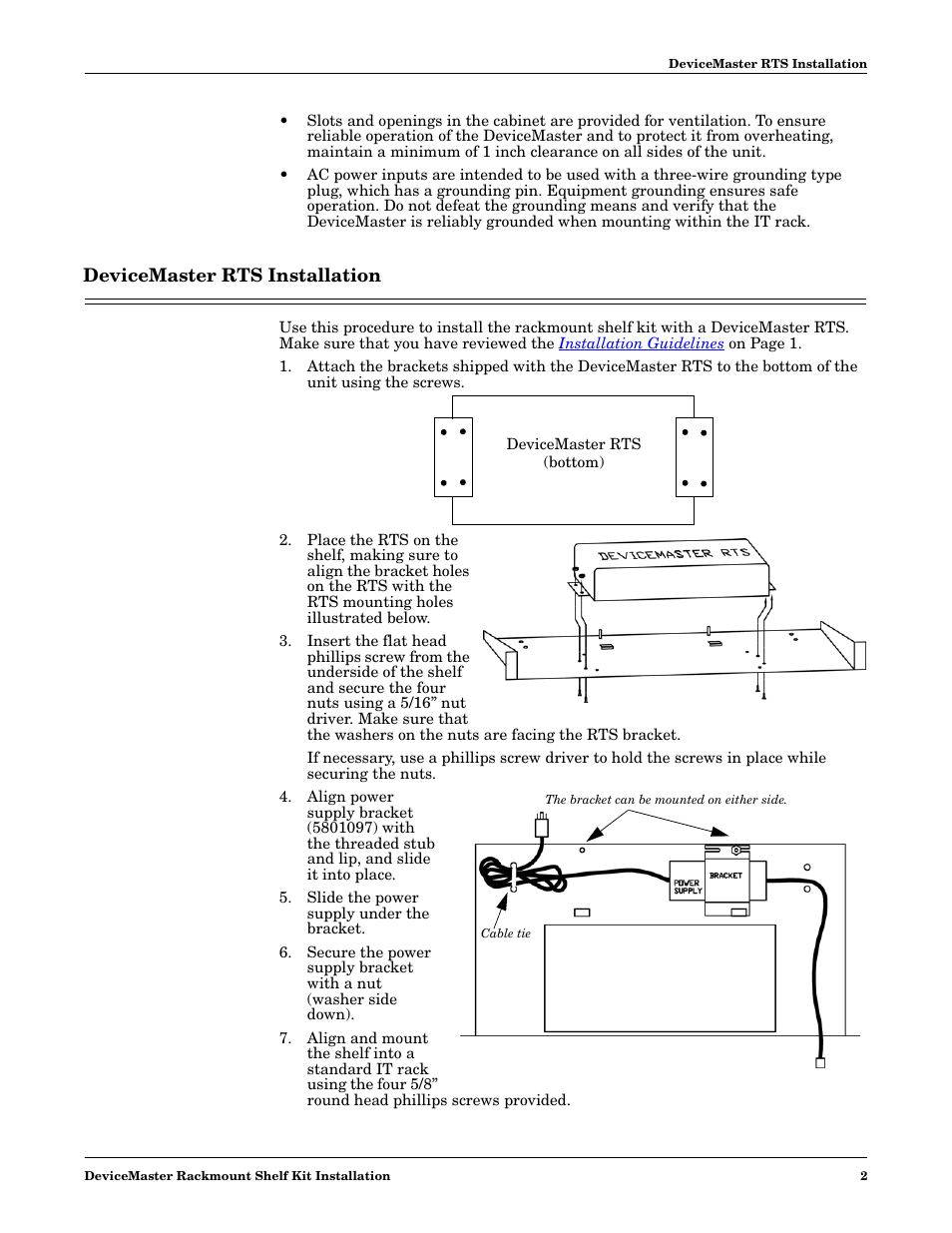 Devicemaster rts installation, Slide the power supply under the bracket | Comtrol DeviceMaster Rackmount Shelf Kit User Manual | Page 2 / 4