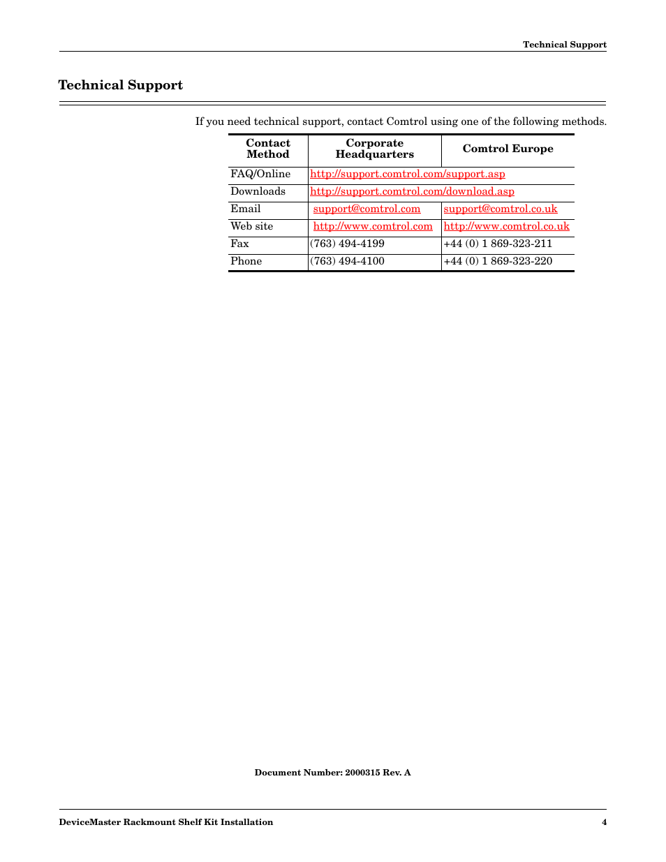 Technical support | Comtrol DeviceMaster Rackmount Shelf Kit User Manual | Page 4 / 4