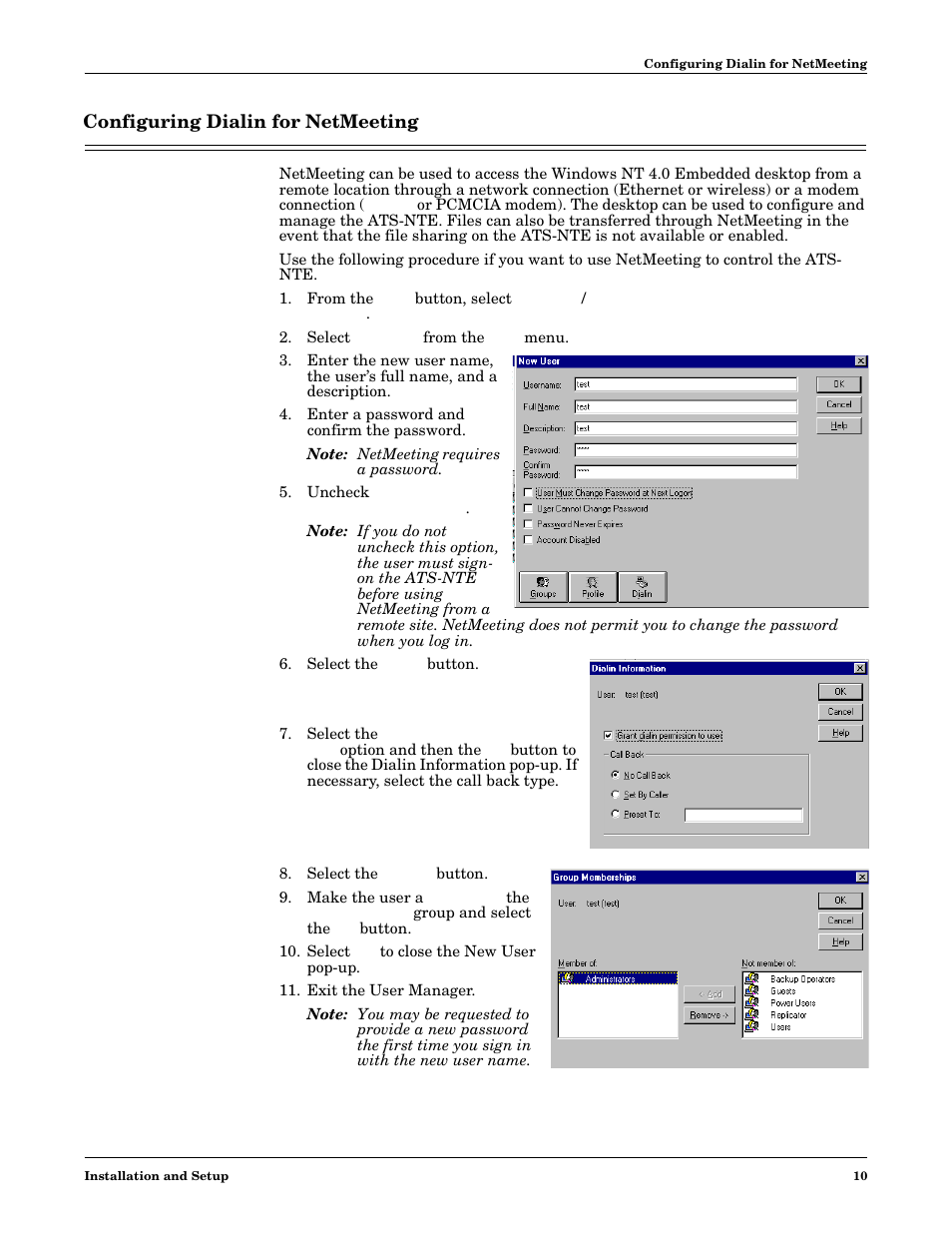 Configuring dialin for netmeeting, Select new user from the user menu, Enter a password and confirm the password | Uncheck user must change password at next login, Select the dialin button, Select the groups button, Select ok to close the new user pop-up, Exit the user manager | Comtrol DM ATS-NTe User Manual | Page 10 / 76