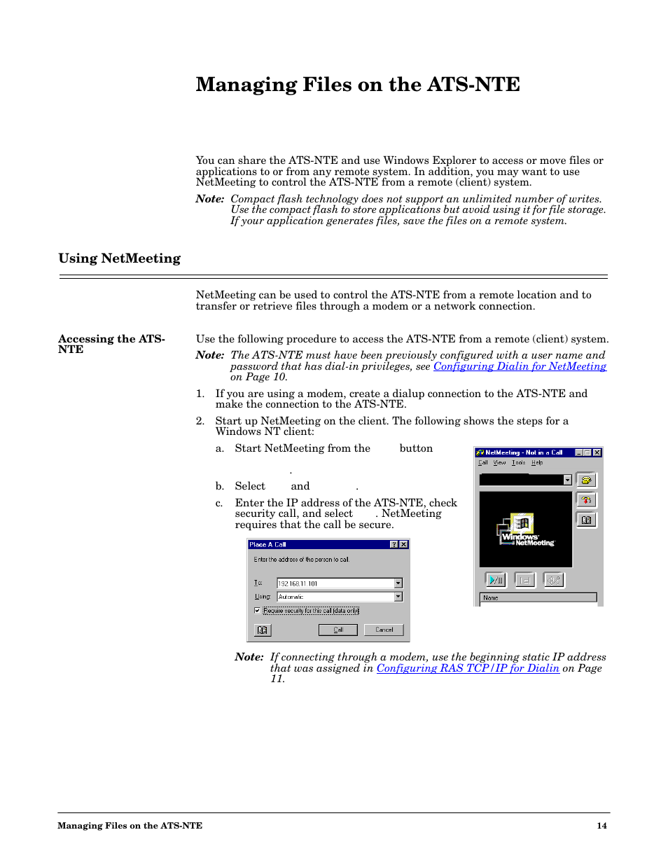 Managing files on the ats-nte, Using netmeeting, Accessing the ats- nte | Accessing the ats-nte | Comtrol DM ATS-NTe User Manual | Page 14 / 76
