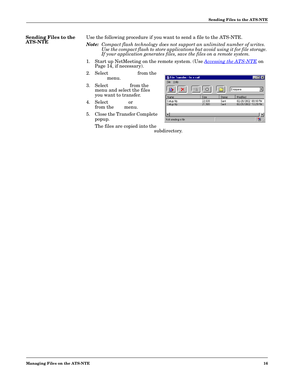 Sending files to the ats-nte, Select file transfer from the tools menu, Select send all or send a file from the file menu | Close the transfer complete popup | Comtrol DM ATS-NTe User Manual | Page 16 / 76
