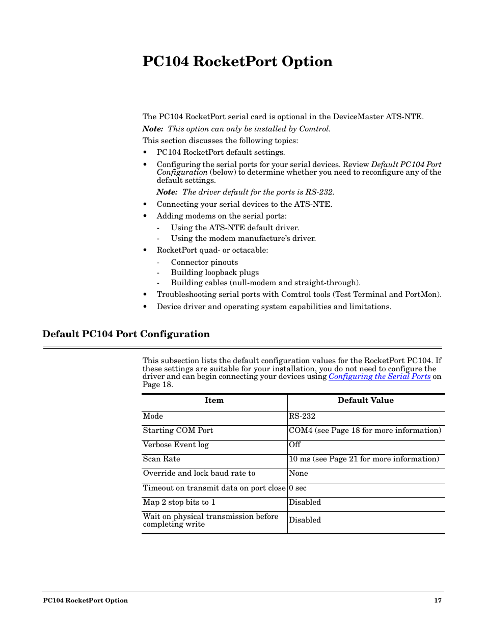 Pc104 rocketport option, Default pc104 port configuration | Comtrol DM ATS-NTe User Manual | Page 17 / 76