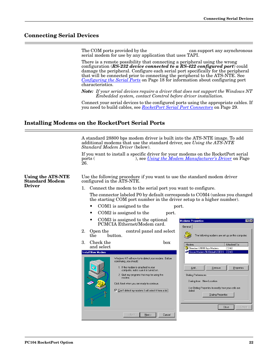 Connecting serial devices, Installing modems on the rocketport serial ports, Using the ats-nte standard modem driver | Comtrol DM ATS-NTe User Manual | Page 22 / 76