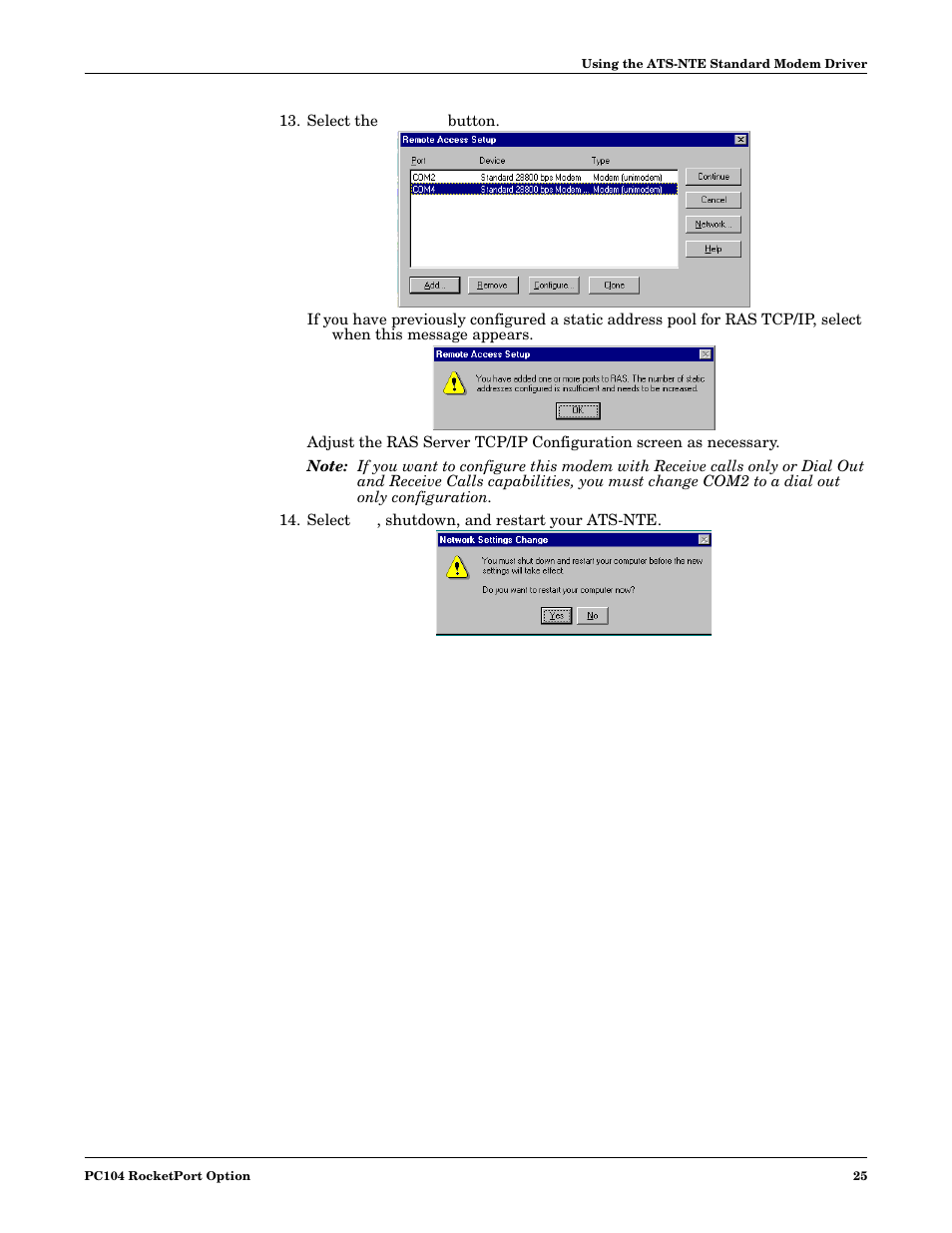 Select the continue button, Select yes, shutdown, and restart your ats-nte | Comtrol DM ATS-NTe User Manual | Page 25 / 76