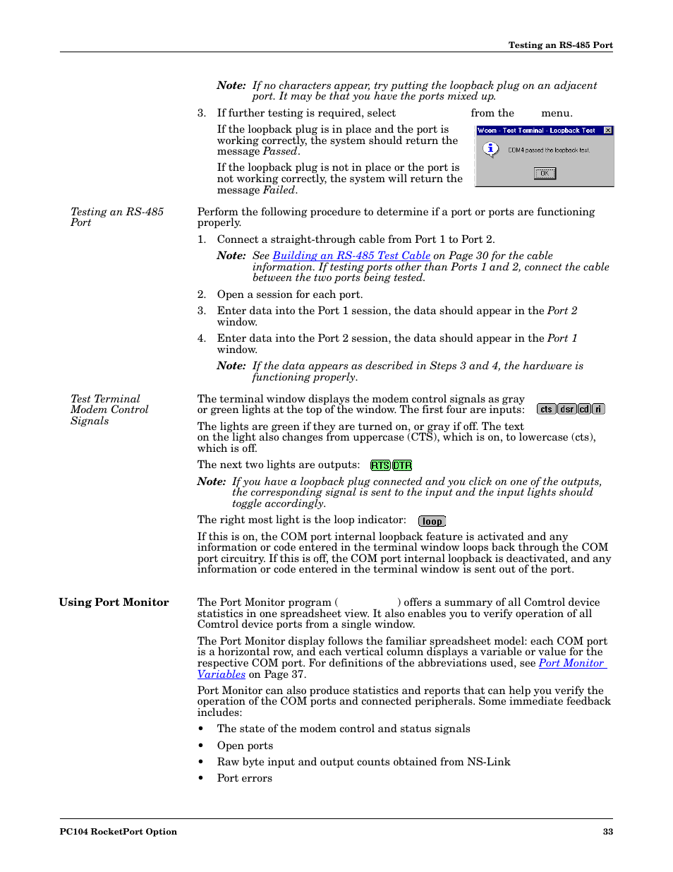 Testing an rs-485 port, Open a session for each port, Test terminal modem control signals | Using port monitor | Comtrol DM ATS-NTe User Manual | Page 33 / 76