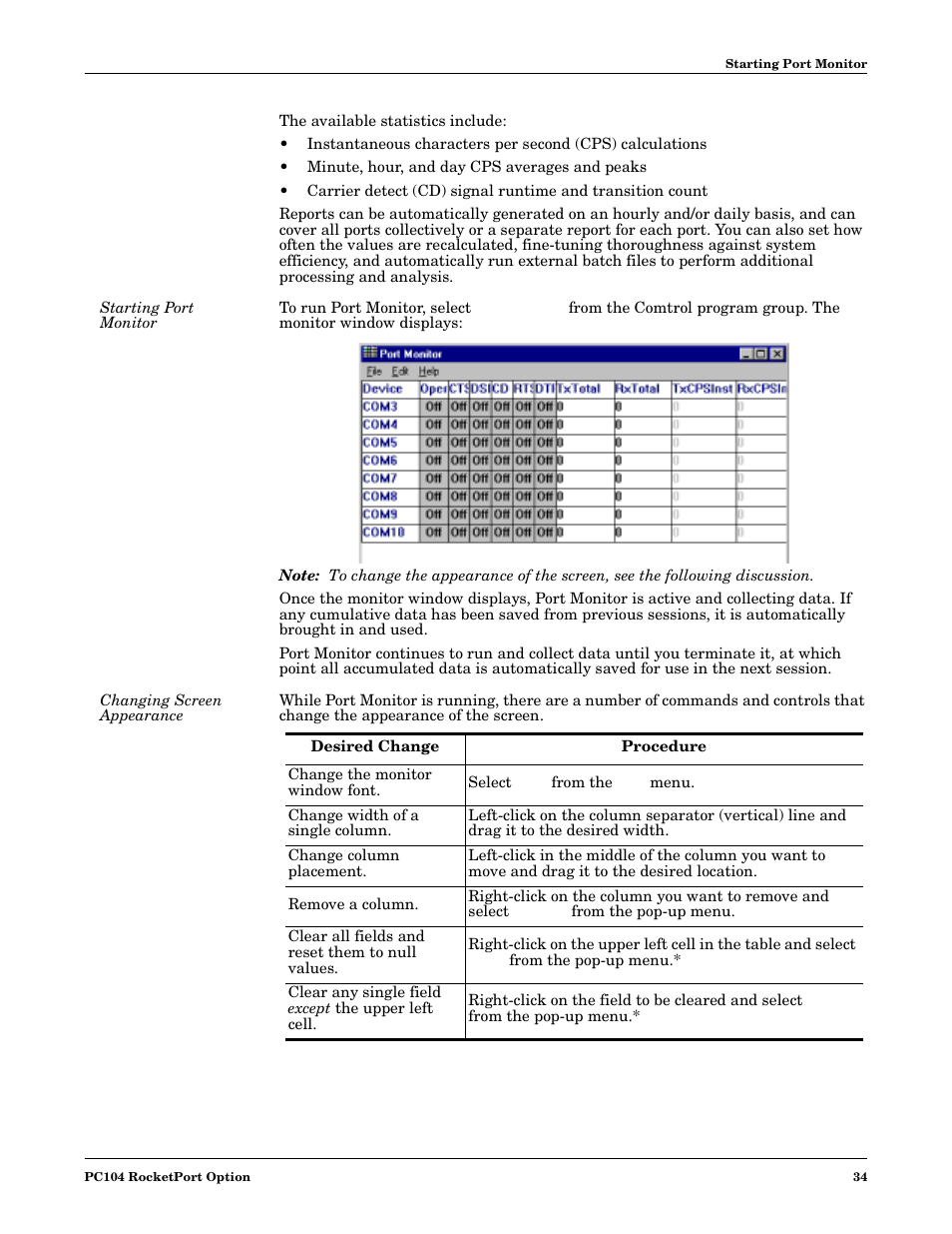 Starting port monitor, Changing screen appearance, Starting port monitor changing screen appearance | Comtrol DM ATS-NTe User Manual | Page 34 / 76
