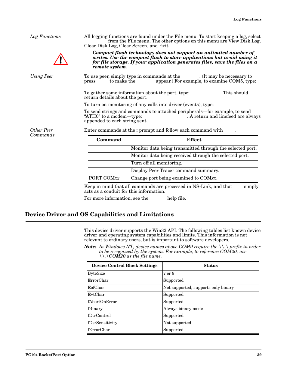 Log functions, Using peer, Other peer commands | Device driver and os capabilities and limitations, Log functions using peer other peer commands | Comtrol DM ATS-NTe User Manual | Page 39 / 76