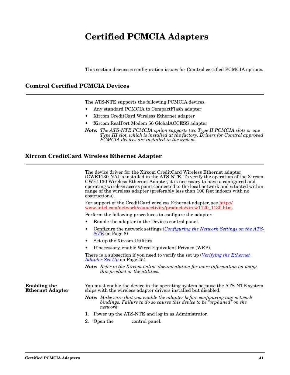 Certified pcmcia adapters, Comtrol certified pcmcia devices, Xircom creditcard wireless ethernet adapter | Enabling the ethernet adapter, Power up the ats-nte and log in as administrator, Open the devices control panel | Comtrol DM ATS-NTe User Manual | Page 41 / 76
