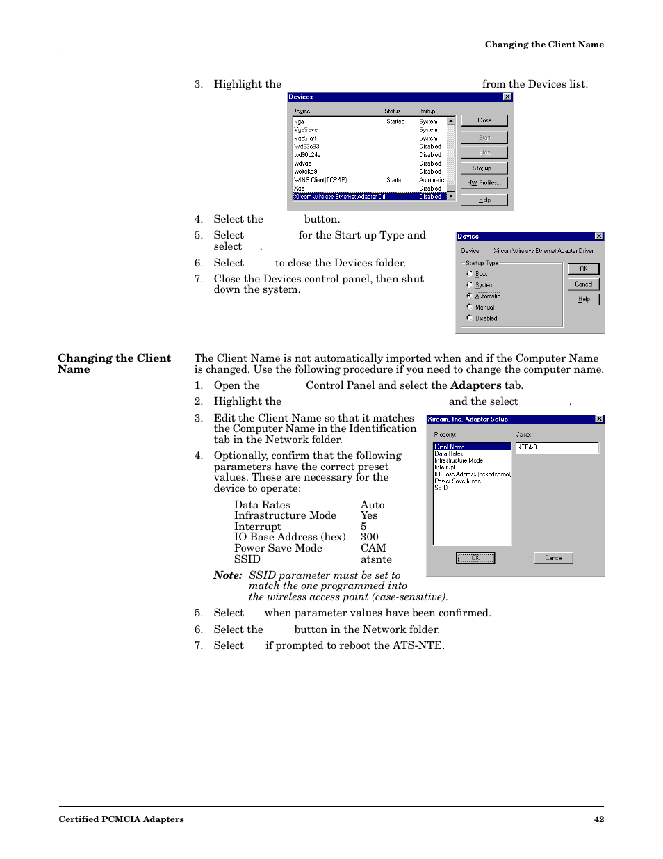 Select the startup button, Select close to close the devices folder, Changing the client name | Select the close button in the network folder, Select yes if prompted to reboot the ats-nte, Step 3 | Comtrol DM ATS-NTe User Manual | Page 42 / 76