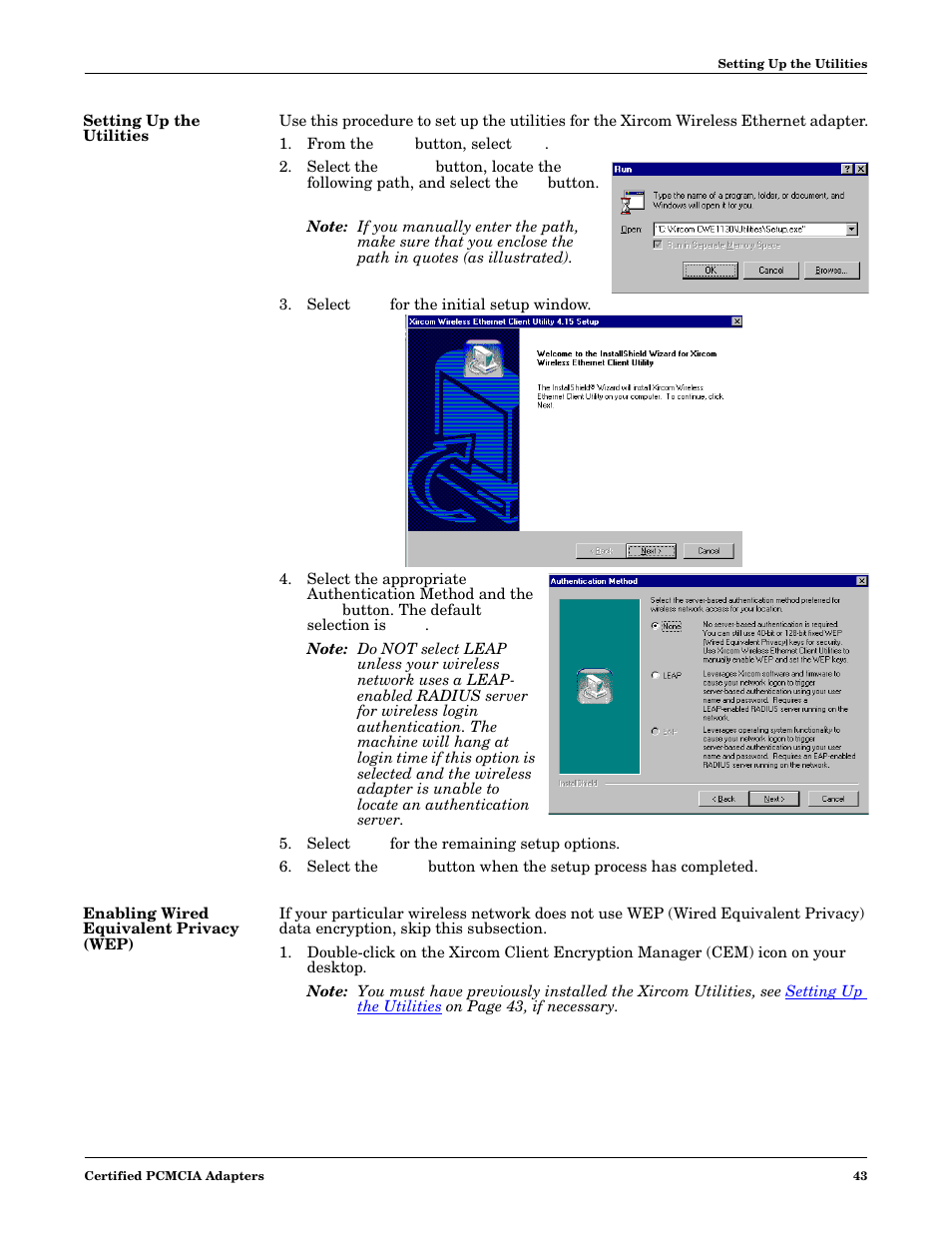 Setting up the utilities, From the start button, select run, Select next for the initial setup window | Select next for the remaining setup options, Enabling wired equivalent privacy (wep) | Comtrol DM ATS-NTe User Manual | Page 43 / 76