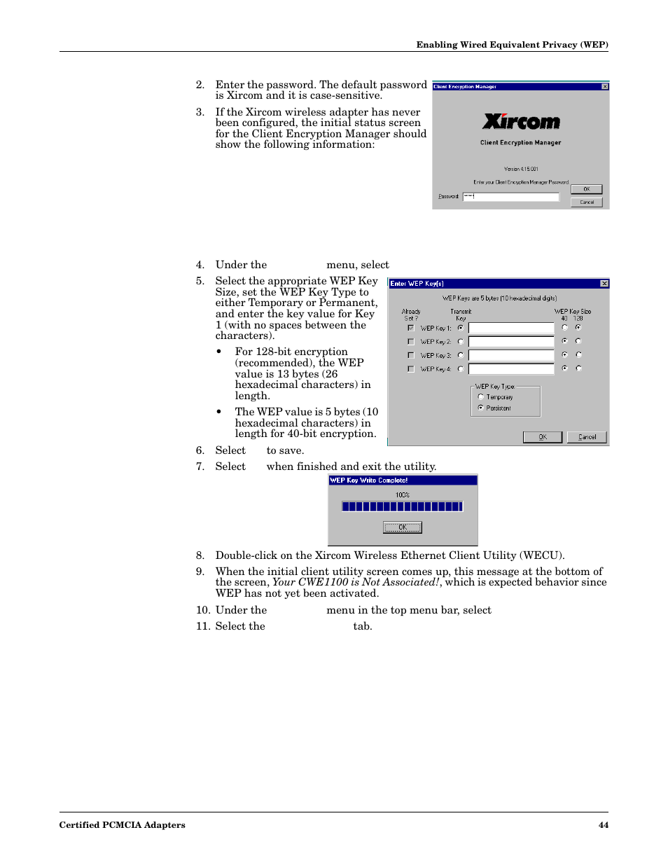 Under the commands menu, select enter wep key, Select ok to save, Select ok when finished and exit the utility | Select the network security tab | Comtrol DM ATS-NTe User Manual | Page 44 / 76