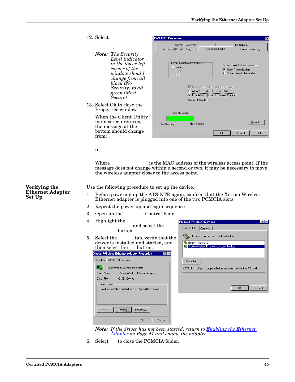 Select enable wep (wired equivalent privacy), Select ok to close the properties window, Verifying the ethernet adapter set up | Repeat the power up and login sequence, Open up the pcmcia control panel, Select ok to close the pcmcia folder, Verifying the ethernet, Adapter set up | Comtrol DM ATS-NTe User Manual | Page 45 / 76