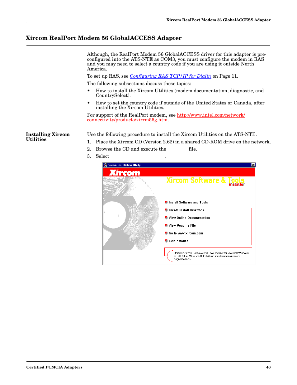 Xircom realport modem 56 globalaccess adapter, Installing xircom utilities, Browse the cd and execute the setup.exe file | Select install software and tools, Xircom realport, Modem 56 globalaccess adapter | Comtrol DM ATS-NTe User Manual | Page 46 / 76