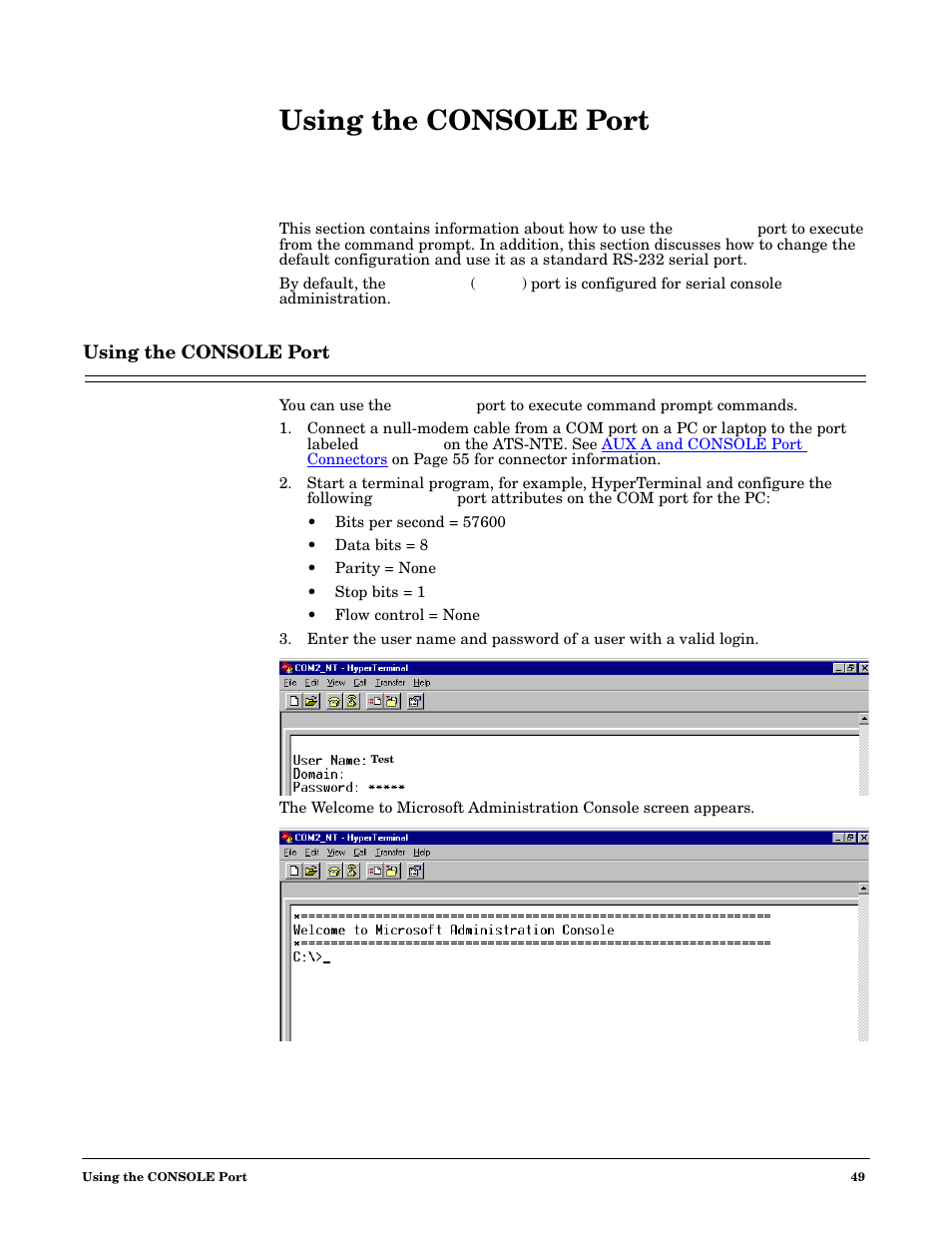Using the console port | Comtrol DM ATS-NTe User Manual | Page 49 / 76