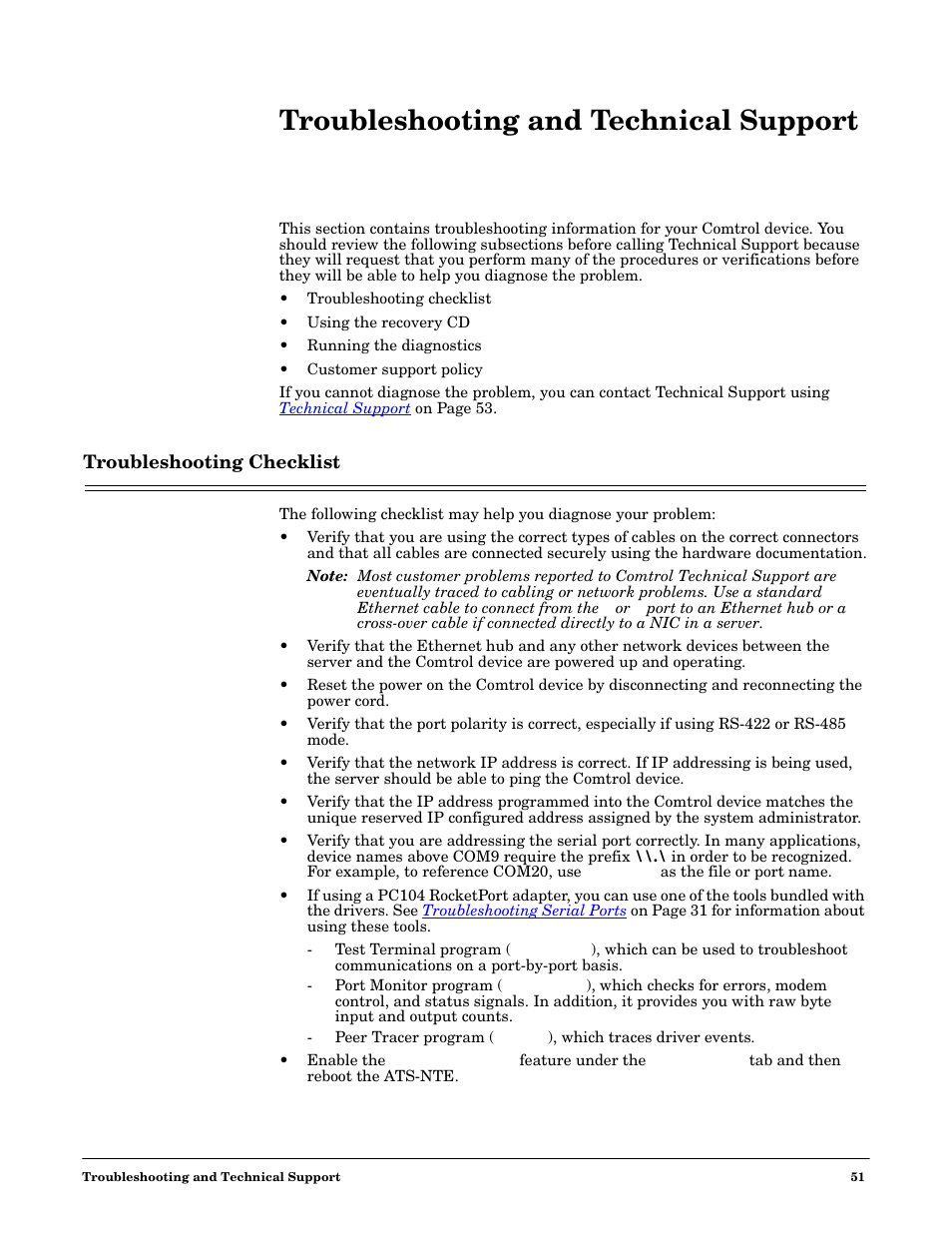 Troubleshooting and technical support, Troubleshooting checklist | Comtrol DM ATS-NTe User Manual | Page 51 / 76