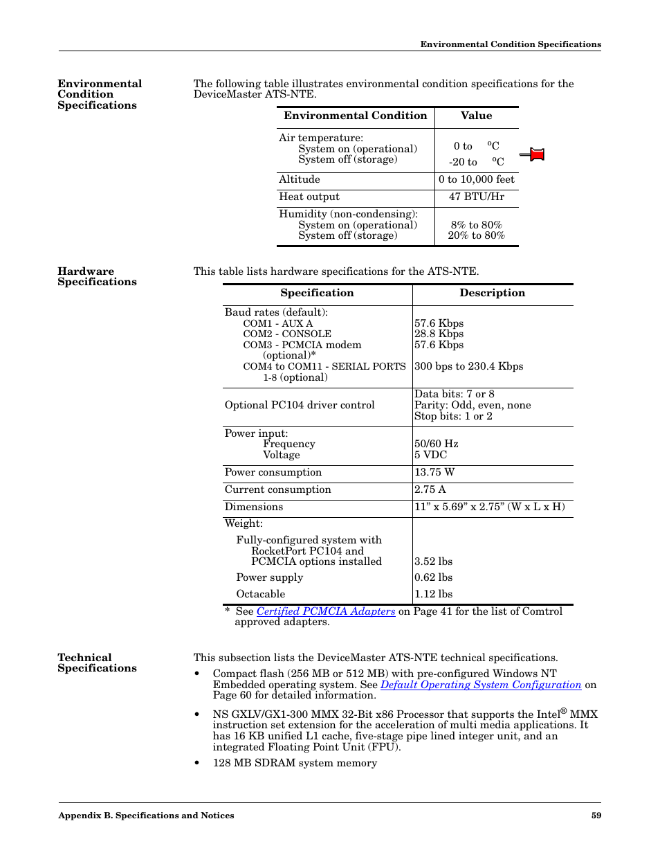 Environmental condition specifications, Hardware specifications, Technical specifications | Comtrol DM ATS-NTe User Manual | Page 59 / 76
