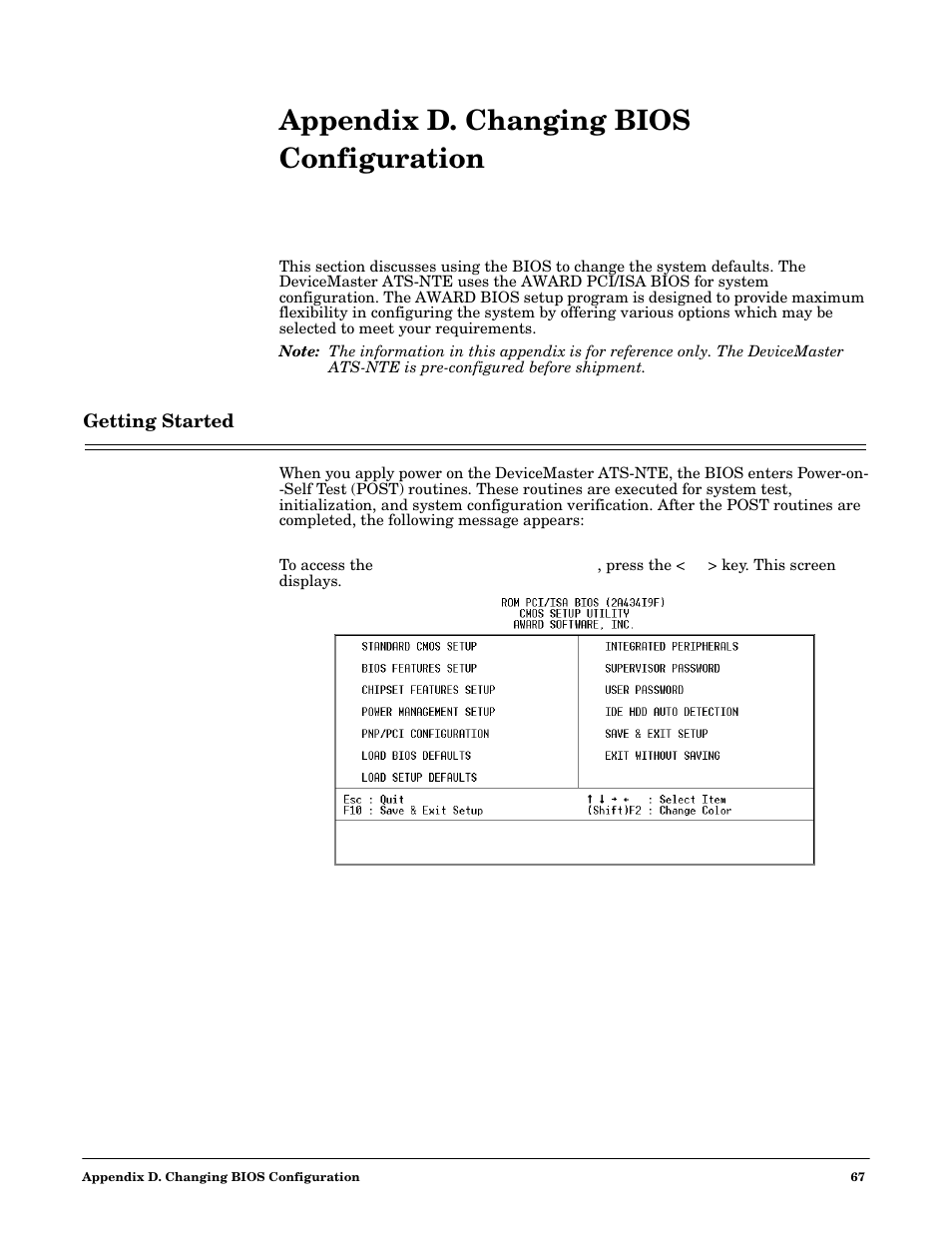 Appendix d. changing bios configuration, Getting started | Comtrol DM ATS-NTe User Manual | Page 67 / 76