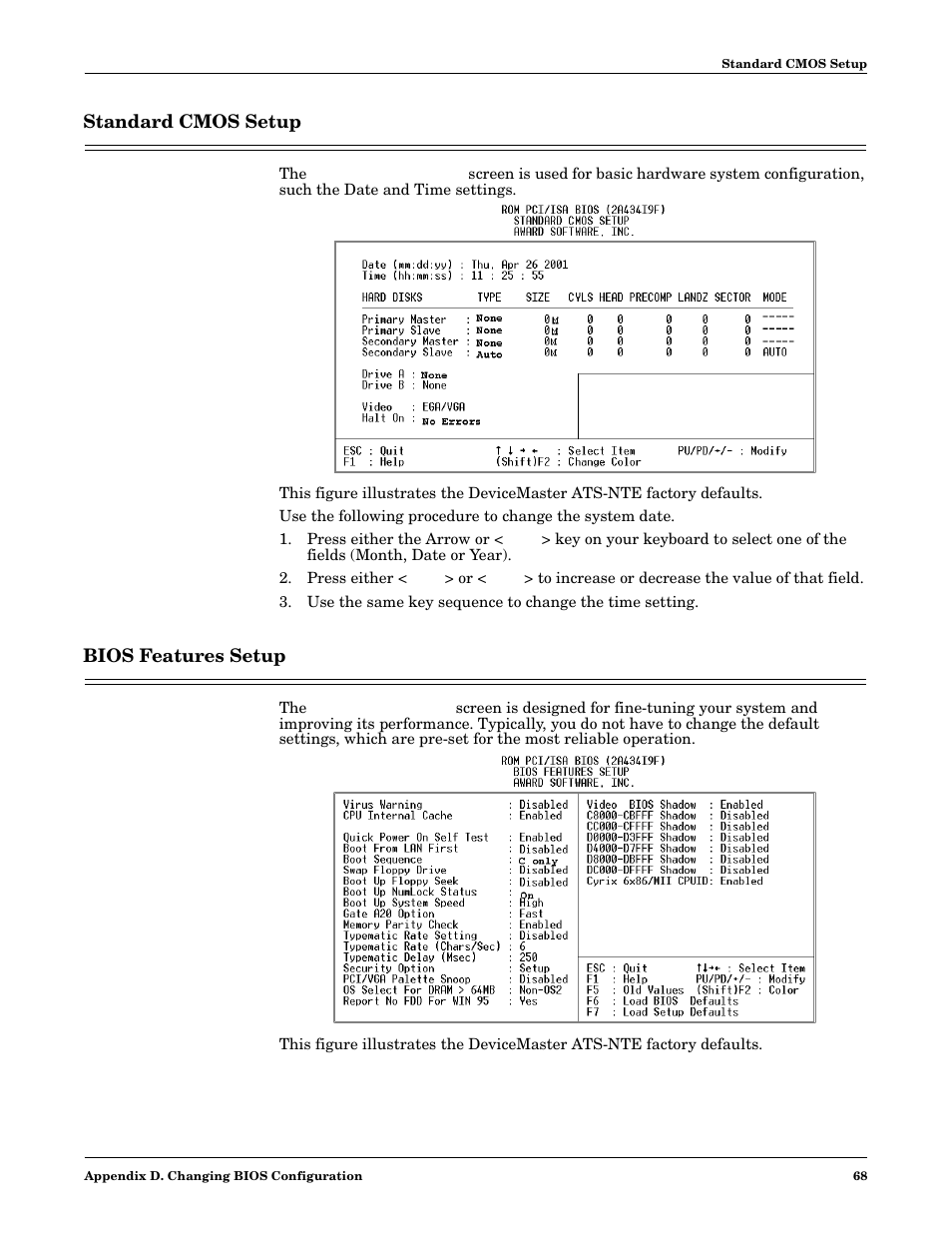 Standard cmos setup, Bios features setup, Standard cmos setup bios features setup | Comtrol DM ATS-NTe User Manual | Page 68 / 76