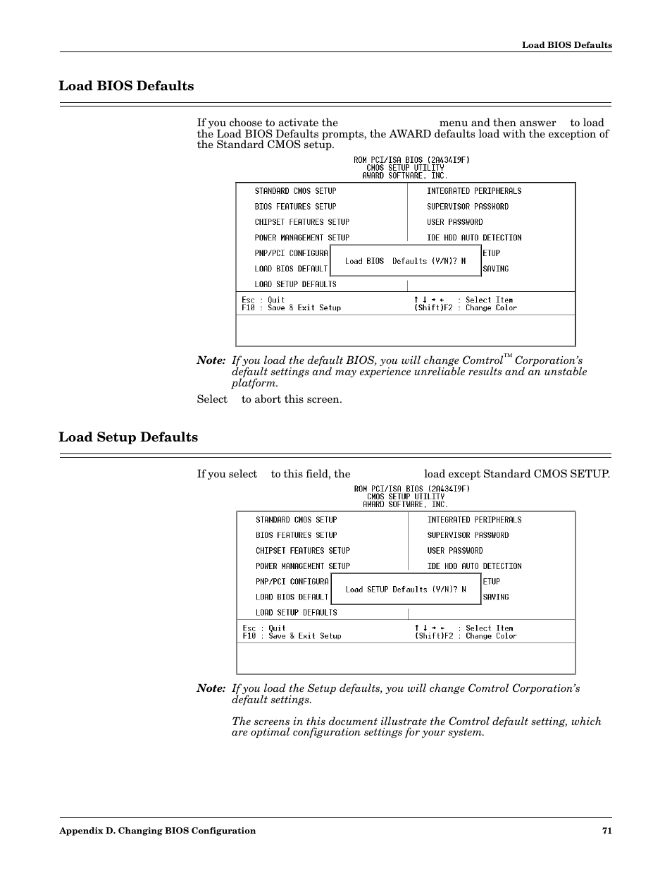 Load bios defaults, Load setup defaults, Load bios defaults load setup defaults | Comtrol DM ATS-NTe User Manual | Page 71 / 76