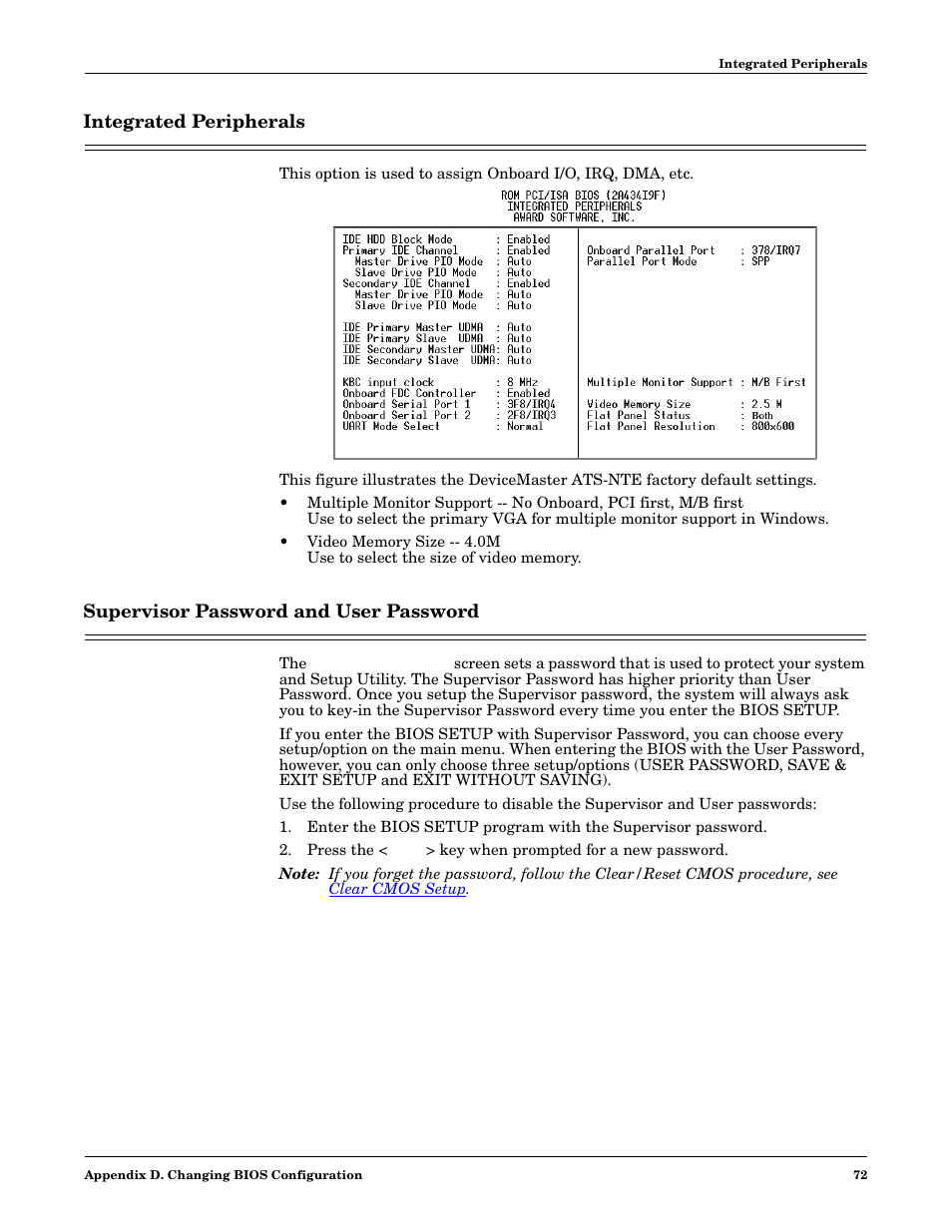 Integrated peripherals, Supervisor password and user password | Comtrol DM ATS-NTe User Manual | Page 72 / 76