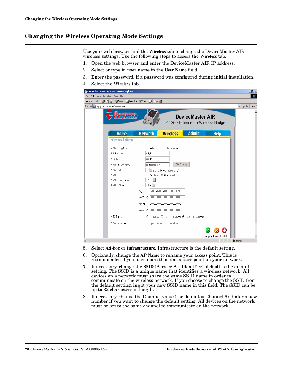Changing the wireless operating mode settings | Comtrol DM AIR User Manual | Page 20 / 74