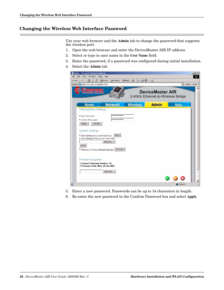 Changing the wireless web interface password | Comtrol DM AIR User Manual | Page 22 / 74