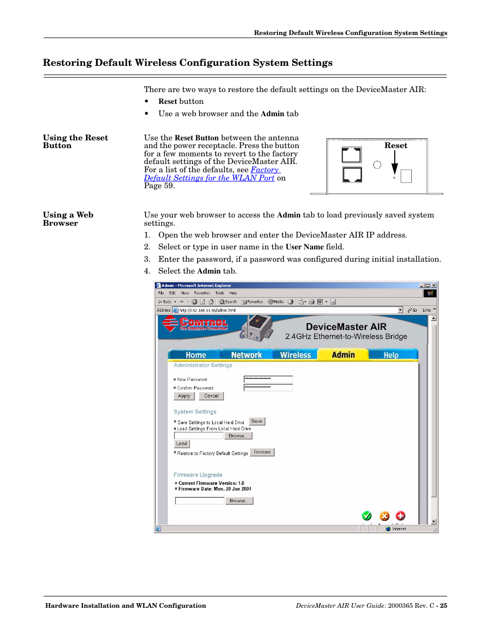 Using the reset button, Using a web browser, Using the reset button using a web browser | Comtrol DM AIR User Manual | Page 25 / 74