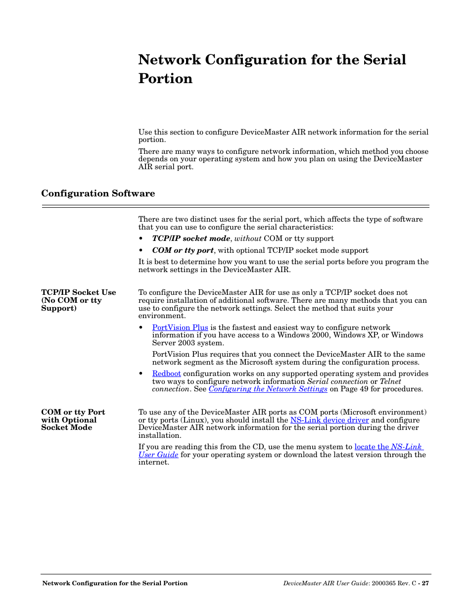Network configuration for the serial portion, Configuration software, Tcp/ip socket use (no com or tty support) | Com or tty port with optional socket mode, Network configuration for the serial, Portion | Comtrol DM AIR User Manual | Page 27 / 74