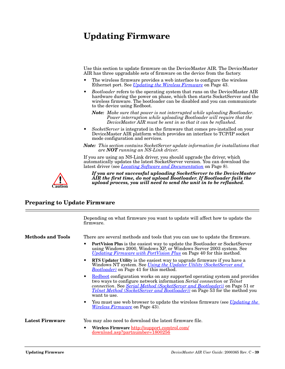 Updating firmware, Preparing to update firmware, Methods and tools | Latest firmware, Methods and tools latest firmware, Sion. see, Preparing to, Update firmware | Comtrol DM AIR User Manual | Page 39 / 74