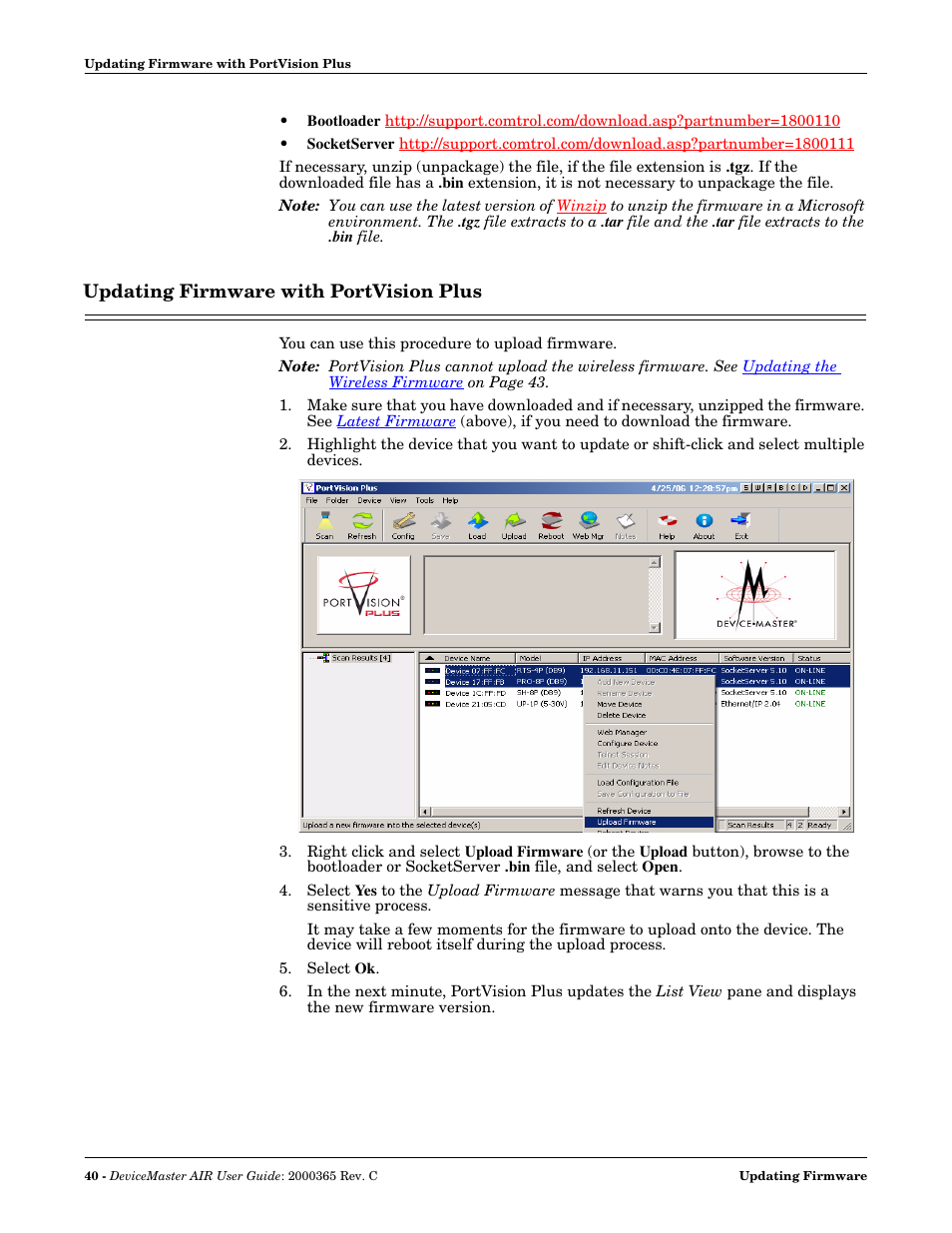 Updating firmware with portvision plus | Comtrol DM AIR User Manual | Page 40 / 74