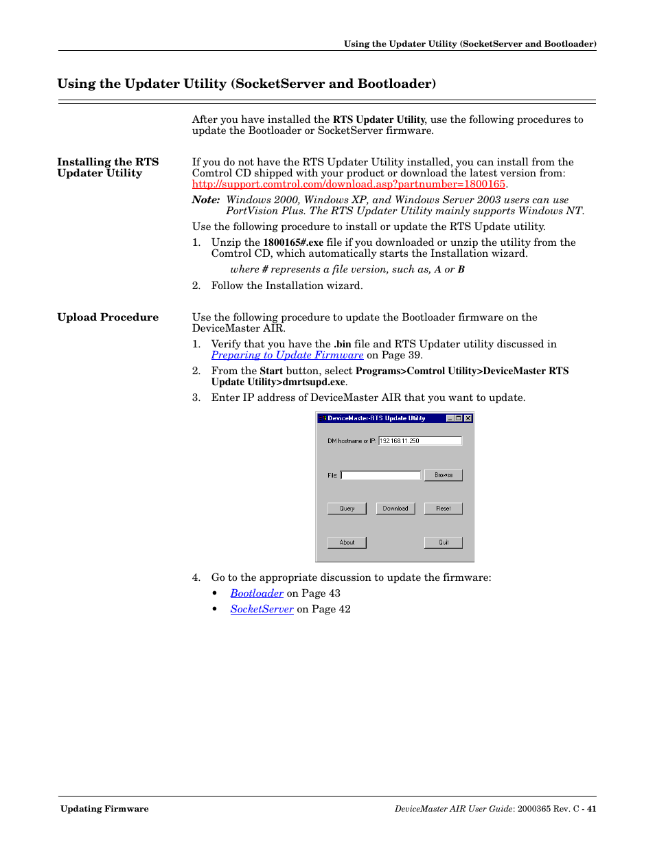 Installing the rts updater utility, Upload procedure, Using the updater utility (socketserver and | Bootloader) | Comtrol DM AIR User Manual | Page 41 / 74