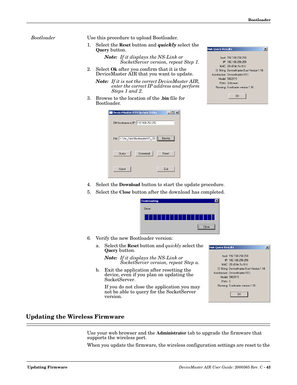 Bootloader, Updating the wireless firmware, Ethernet port. see | Updating the, Wireless firmware | Comtrol DM AIR User Manual | Page 43 / 74
