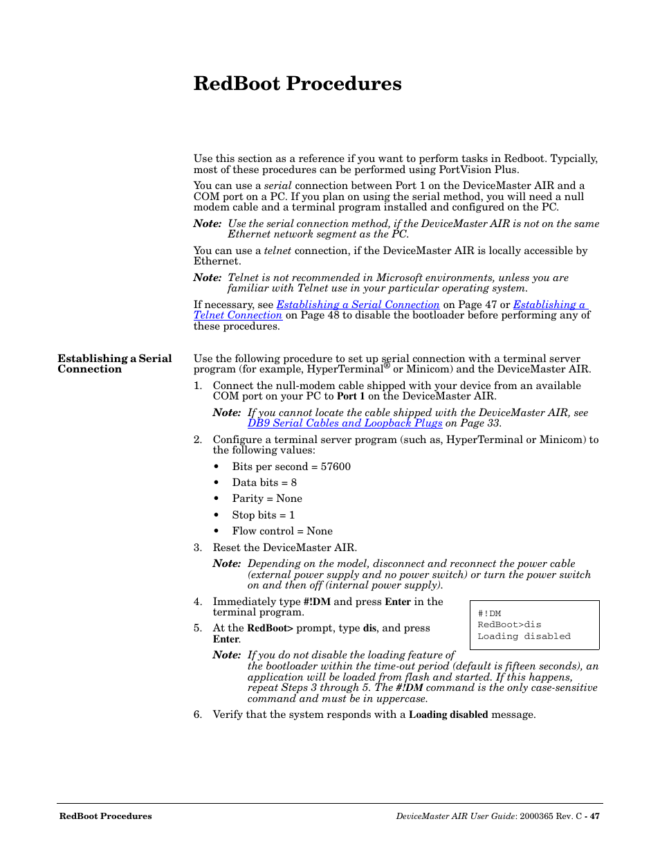 Redboot procedures, Establishing a serial connection, Redboot | Comtrol DM AIR User Manual | Page 47 / 74