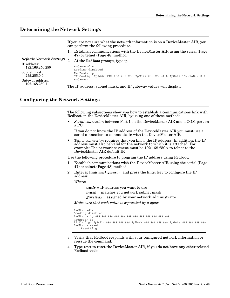Determining the network settings, Configuring the network settings | Comtrol DM AIR User Manual | Page 49 / 74