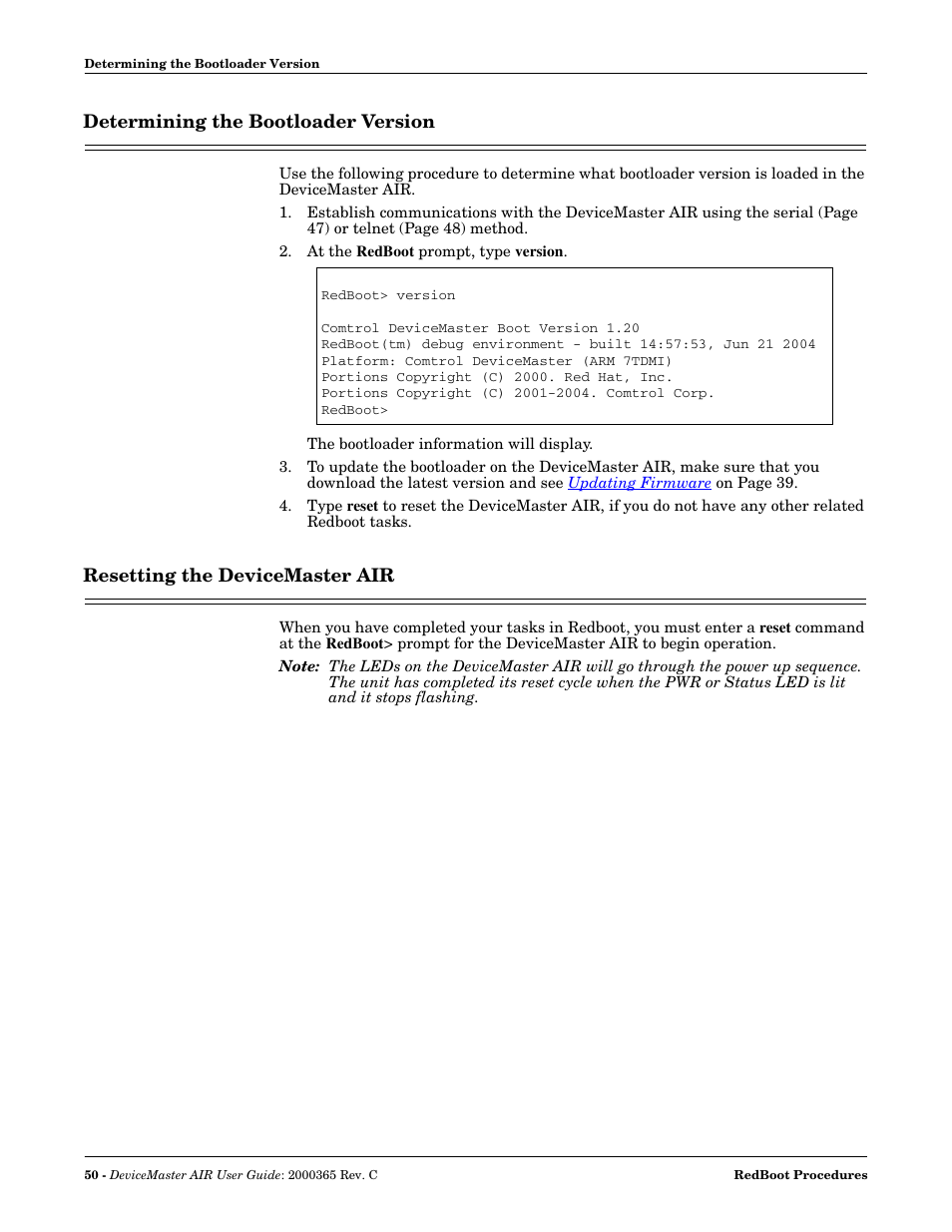 Determining the bootloader version, Resetting the devicemaster air | Comtrol DM AIR User Manual | Page 50 / 74