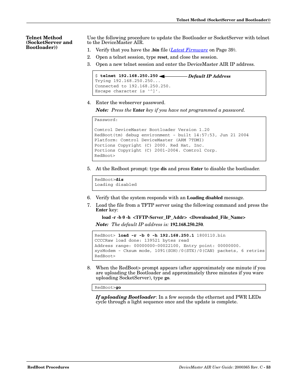 Telnet method (socketserver and bootloader)) | Comtrol DM AIR User Manual | Page 53 / 74