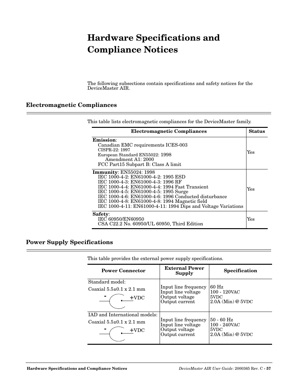 Hardware specifications and compliance notices, Electromagnetic compliances, Power supply specifications | Comtrol DM AIR User Manual | Page 57 / 74