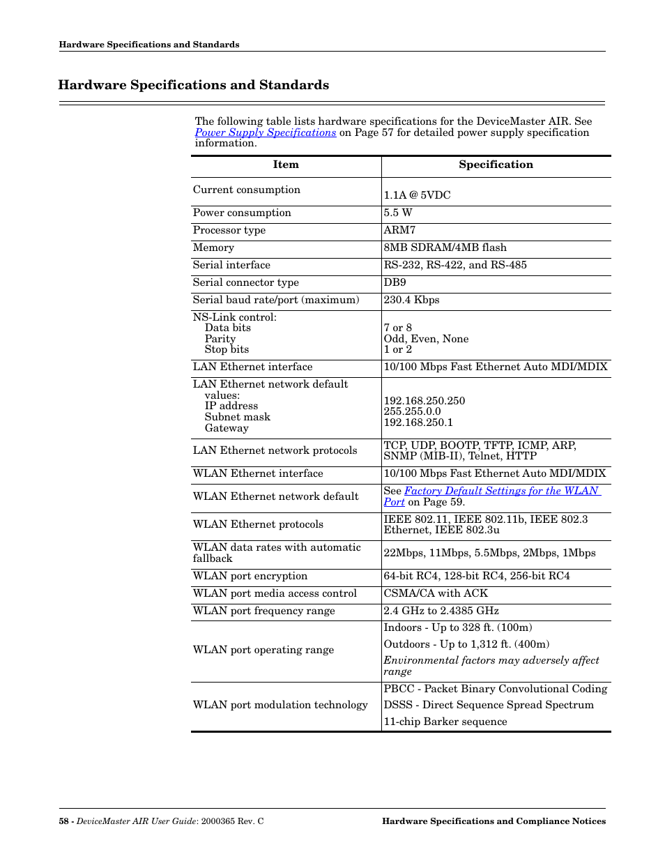Hardware specifications and standards | Comtrol DM AIR User Manual | Page 58 / 74