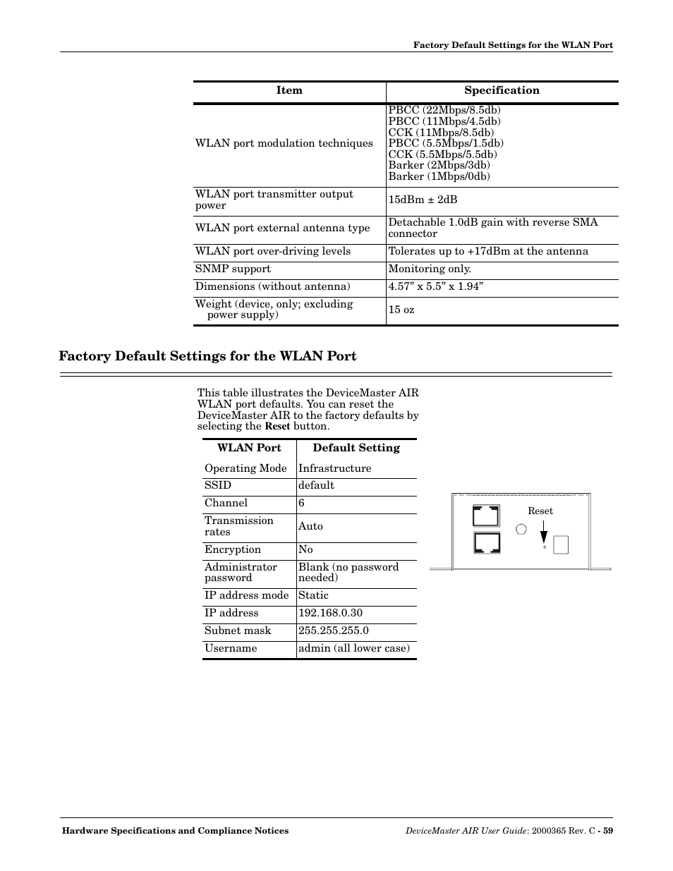 Factory default settings for the wlan port, Factory, Default settings for the wlan port | Factory default settings for the wlan, Port | Comtrol DM AIR User Manual | Page 59 / 74