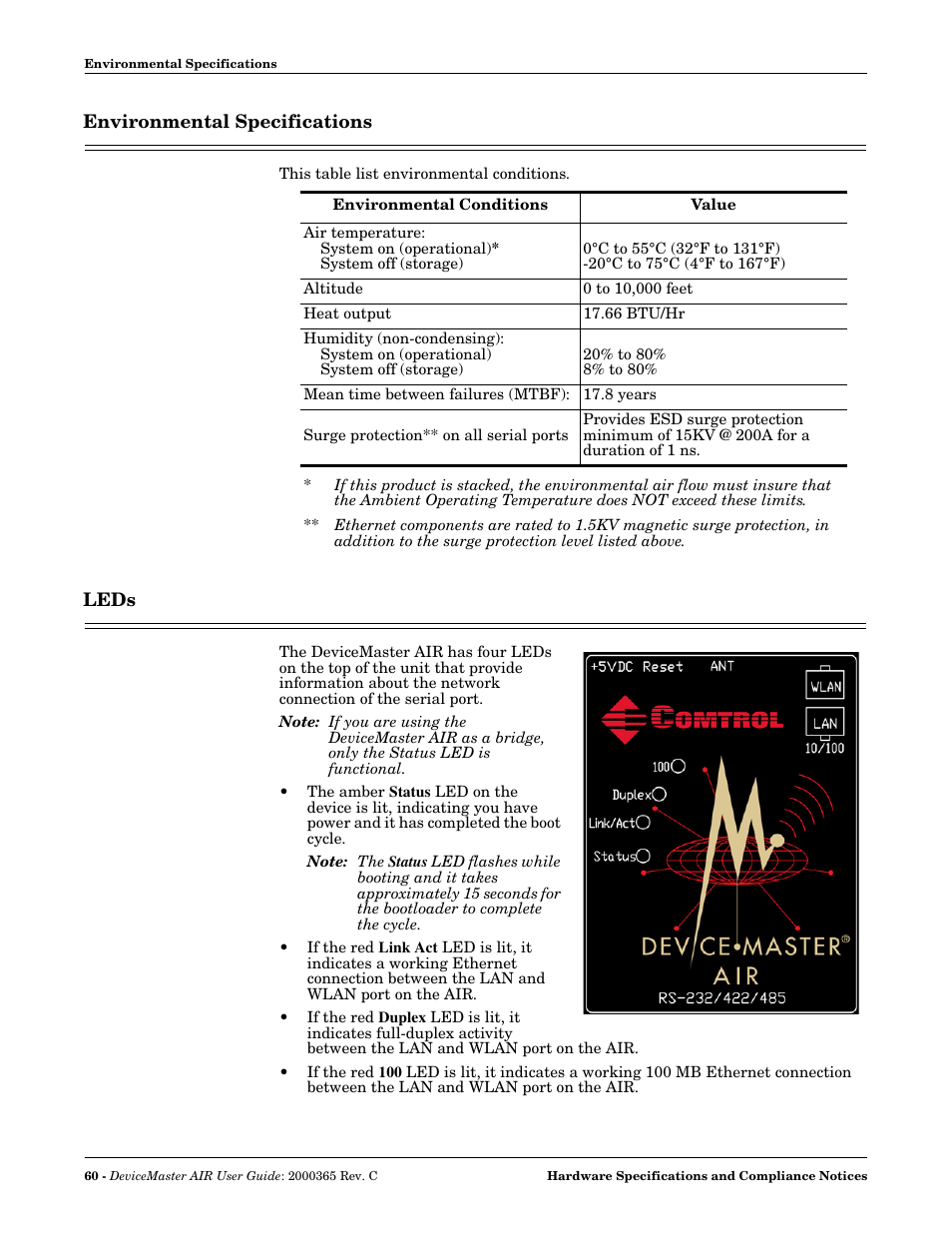 Environmental specifications, Leds, Environmental specifications leds | Comtrol DM AIR User Manual | Page 60 / 74