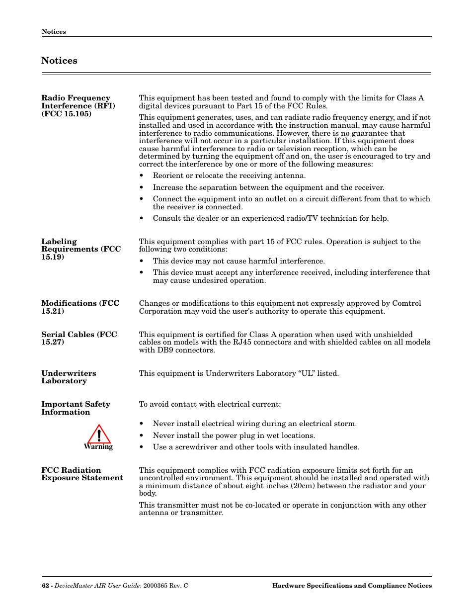 Notices, Radio frequency interference (rfi) (fcc 15.105), Labeling requirements (fcc 15.19) | Modifications (fcc 15.21), Serial cables (fcc 15.27), Underwriters laboratory, Important safety information, Fcc radiation exposure statement | Comtrol DM AIR User Manual | Page 62 / 74