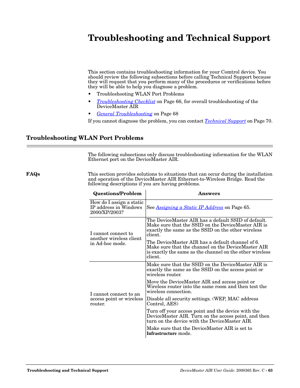 Troubleshooting and technical support, Troubleshooting wlan port problems, Faqs | Troubleshooting, Wlan port problems | Comtrol DM AIR User Manual | Page 63 / 74